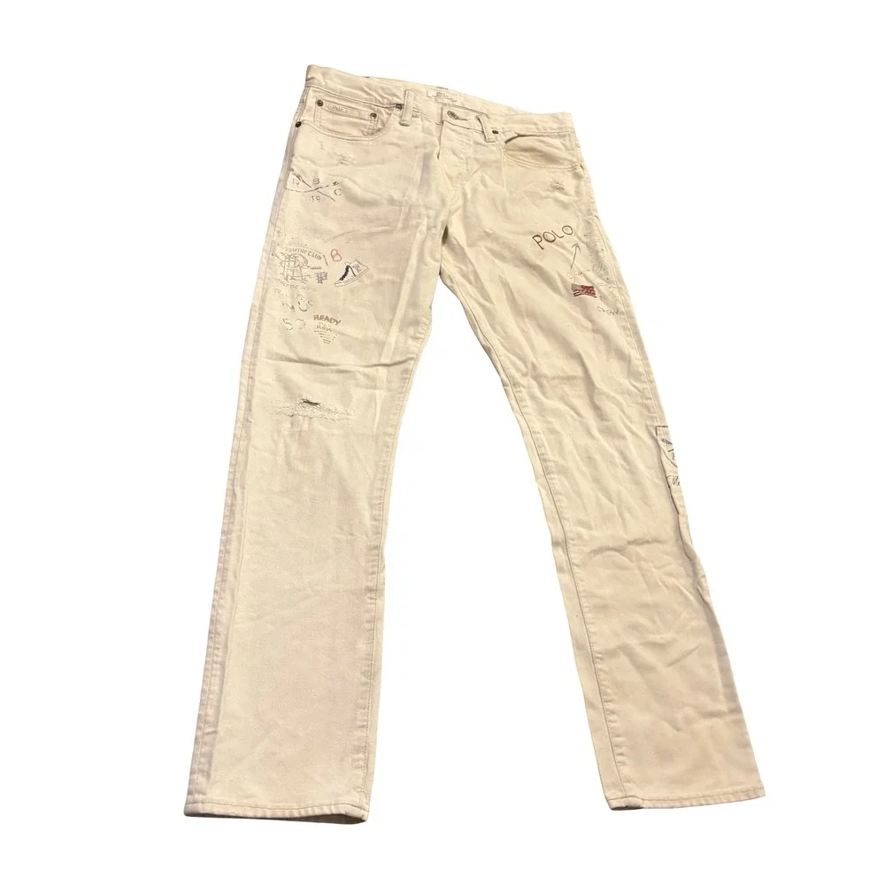 Polo Ralph Lauren‎ Sullivan Slim Graphic Jeans Mens 32x32 Cream Distressed Denim